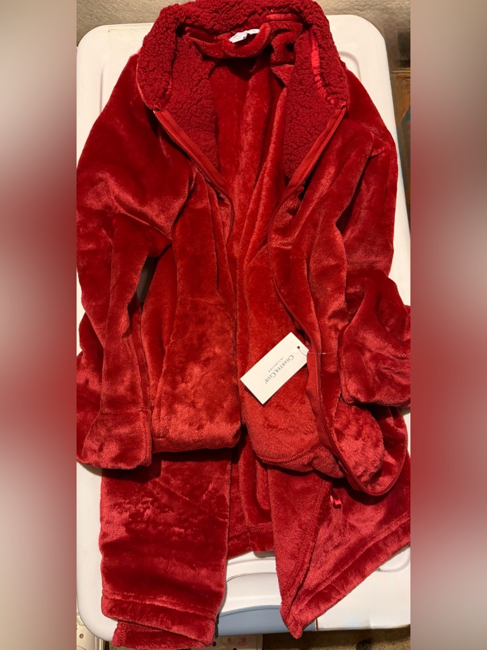 Charter Club Plush Zip Front Robe Red XS Long Cozy Macy's Exclusive - Picture 3 of 4